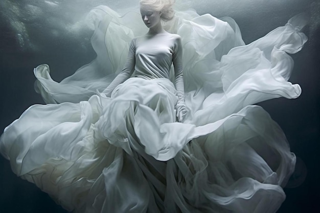 une femme en robe blanche est assise sur un drap blanc.