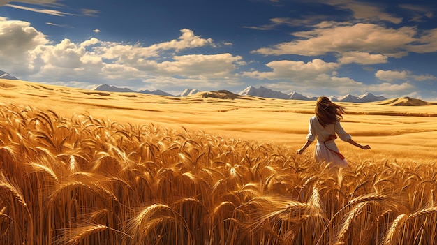 femme robe blanche marchant champ de blé avatar sorceleur protagoniste avant-plan scène tourbillonnante dorée