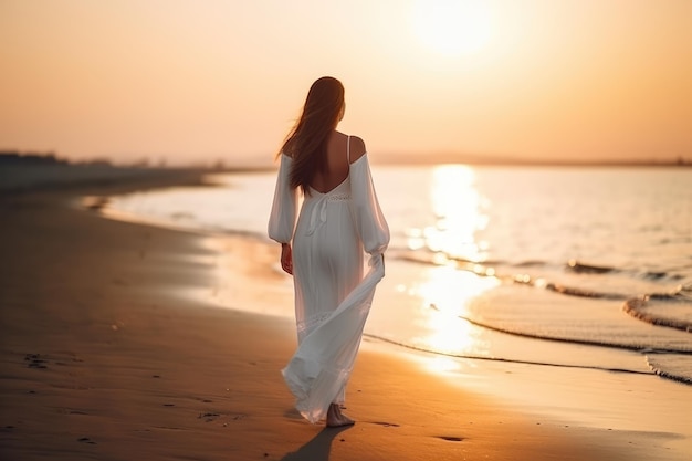 femme en robe blanche marchant sur la plage au coucher du soleil AI