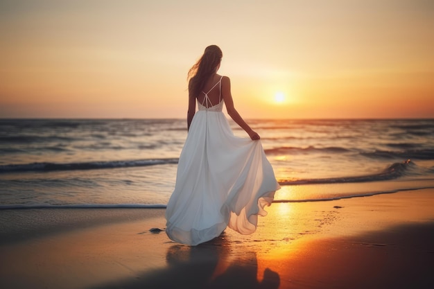 femme en robe blanche marchant sur la plage au coucher du soleil