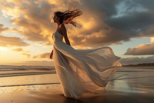 une femme en robe blanche marchant sur une plage