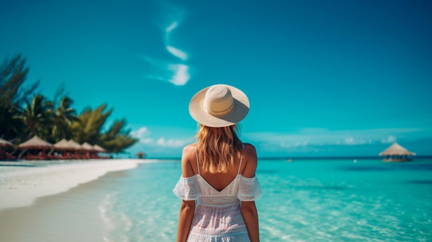 Une femme en robe blanche marche le long d'une plage