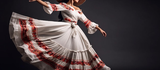 Une femme en robe blanche à motif fleuri rouge danse.