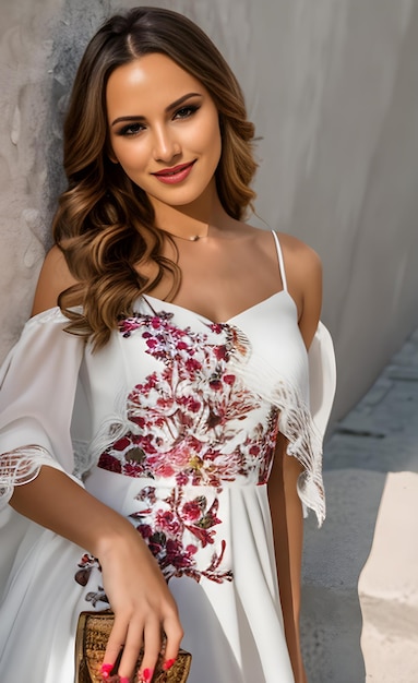 Une femme en robe blanche avec un motif floral sur les manches