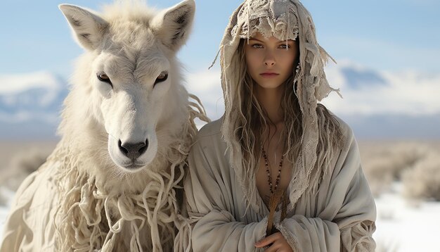 Photo une femme en robe blanche et un mouton avec un couvre-chef dessus