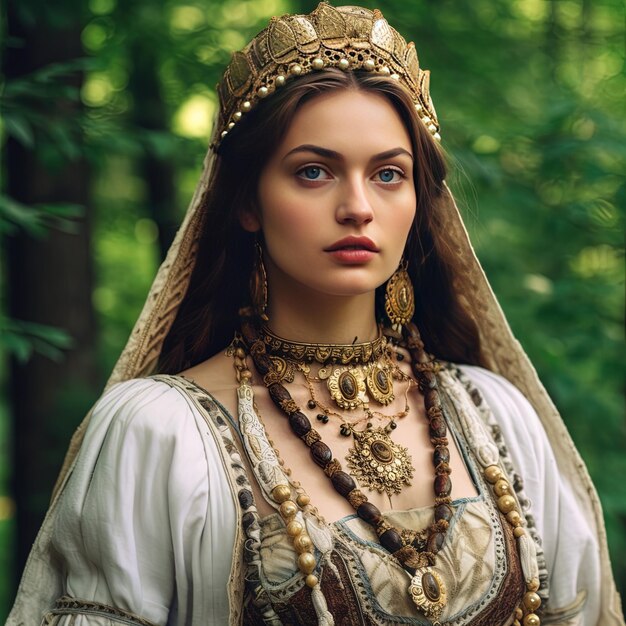 une femme en robe blanche avec des perles d'or et des bijoux