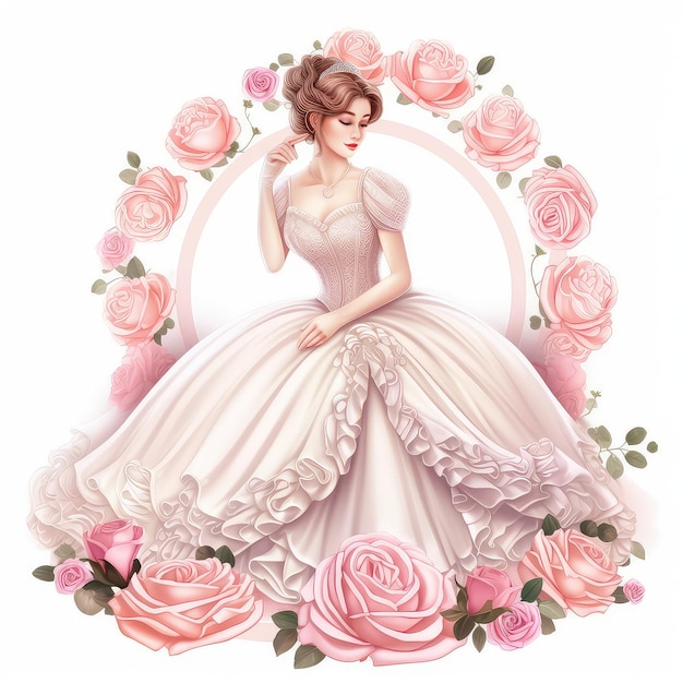 Une femme en robe blanche avec des roses roses dessus.