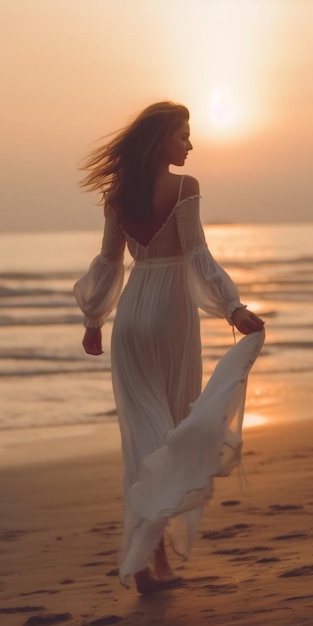 Une femme en robe blanche se promène sur la plage au coucher du soleil.