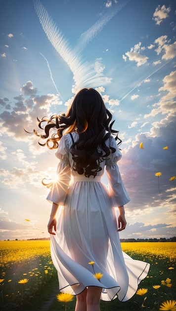 une femme en robe blanche se tient dans un champ d'herbe jaune avec le soleil brillant à travers ses cheveux.