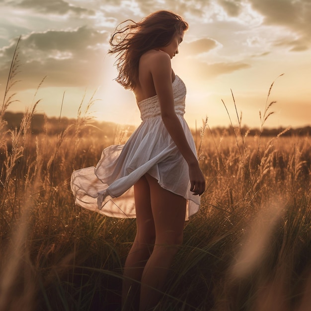 une femme en robe blanche se tient dans un champ avec le soleil derrière elle