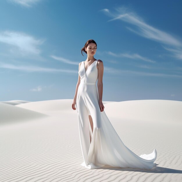 Une femme en robe blanche se tient dans le désert.