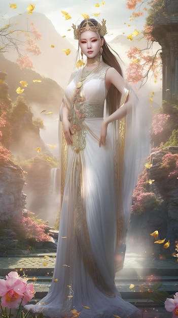 Une femme en robe blanche se tient devant une cascade.