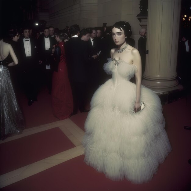 Photo une femme en robe blanche se tient devant un tapis rouge