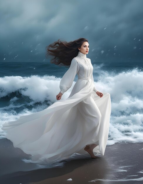 une femme en robe blanche se tient sur la plage avec les vagues en arrière-plan