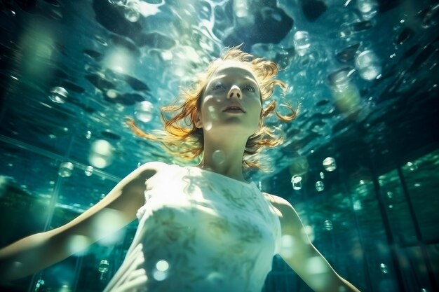 Photo femme en robe blanche sous l'eau