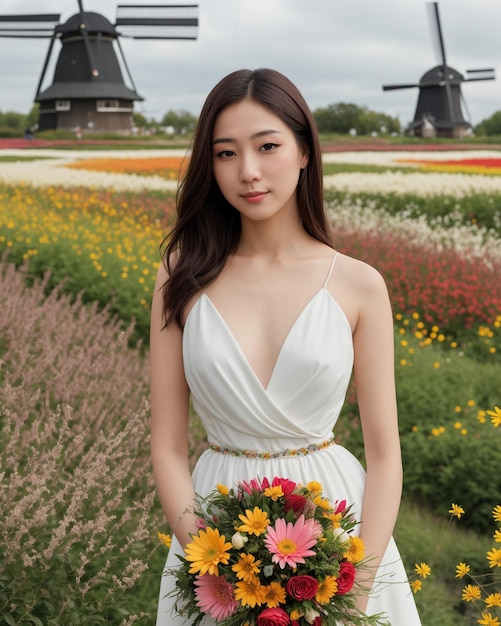 Une femme en robe blanche tient un bouquet de fleurs devant un moulin à vent.