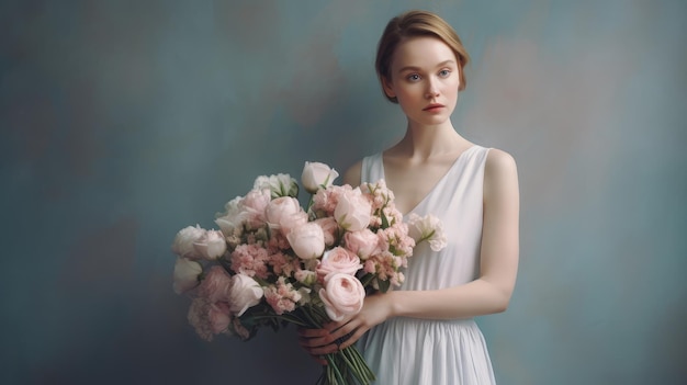 Une femme en robe blanche tient un bouquet de fleurs.