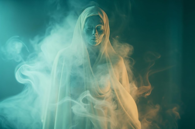 une femme en robe blanche et un voile se tient dans la fumée