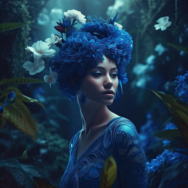 Une femme avec une robe bleue et une couronne de fleurs sur la tête se tient dans une forêt.