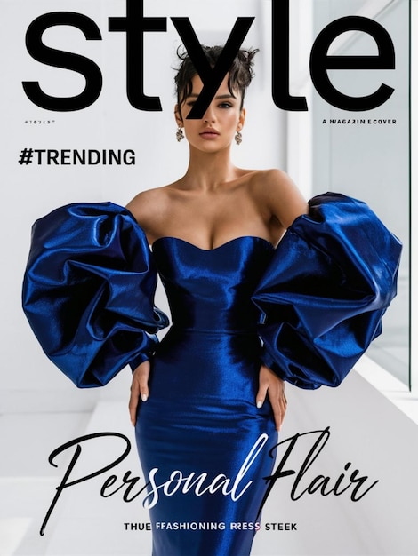 Photo une femme avec une robe bleue sur la couverture d'un magazine