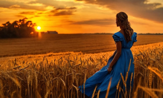 Femme en robe bleue dans un champ de blé au coucher du soleil