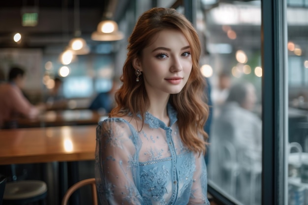 Une femme en robe bleue est assise dans un café et regarde la caméra.