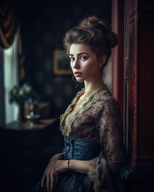 une femme en robe bleue est assise devant une fenêtre