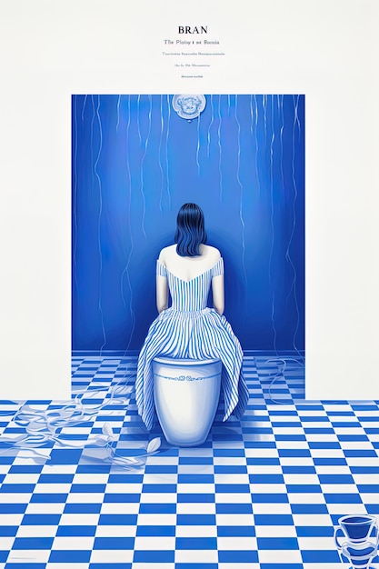Photo une femme en robe bleue est assise sur une toilette dans une pièce bleue avec une femme sur la toilette