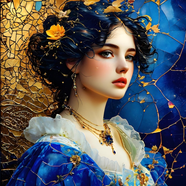 une femme avec une robe bleue et une fleur d'or sur la tête est montrée
