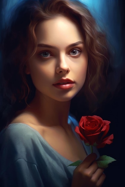 Une femme en robe bleue et une fleur rouge