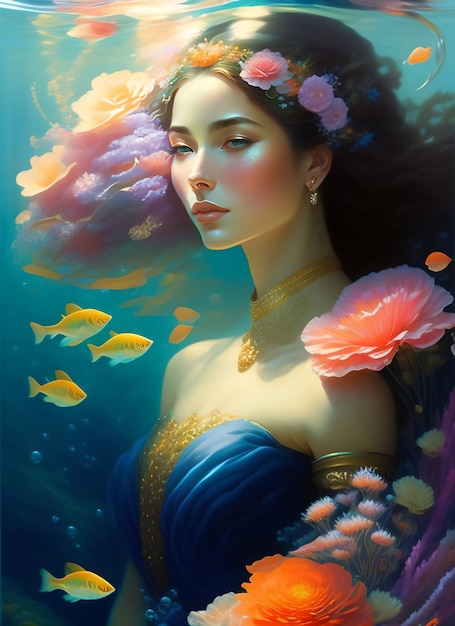 Une femme en robe bleue avec des fleurs et un poisson en bas