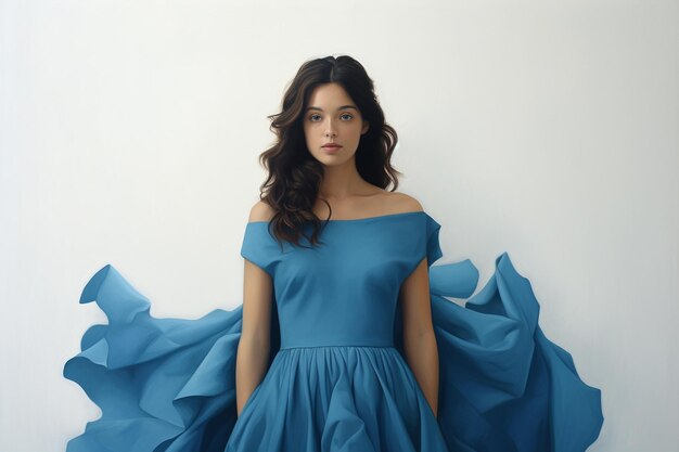 Photo une femme avec une robe bleue et un fond blanc