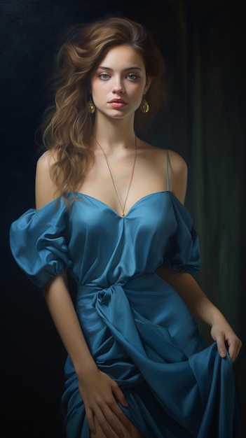 Une femme avec une robe bleue et un haut bleu