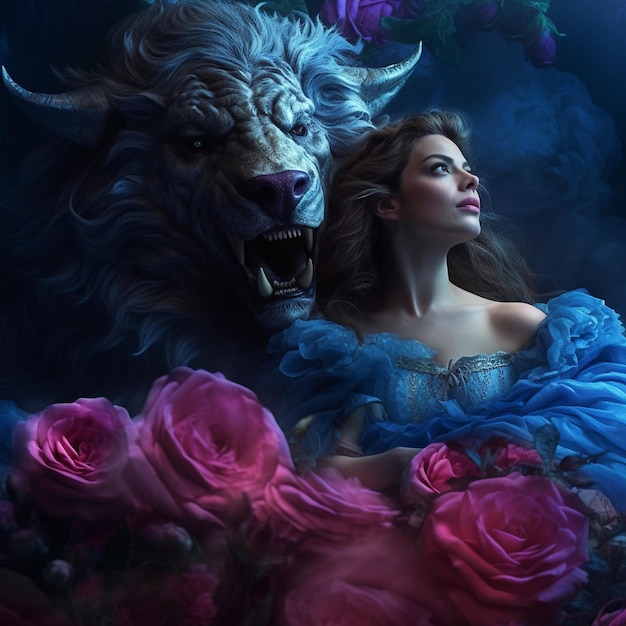 Une femme en robe bleue et un loup avec des roses sur la tête