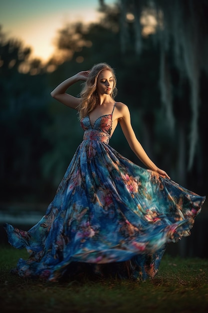 Une femme en robe bleue avec un motif floral dessus