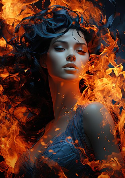 Une femme en robe bleue et une robe bleue est en flammes.