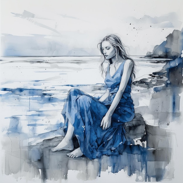 Une femme en robe bleue se promène sur la plage dans le style de la peinture à l'aquarelle générée par l'IA