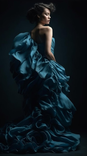 Une femme en robe bleue se tient dans le noir