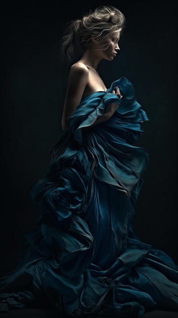 Une femme en robe bleue se tient debout dans le noir.