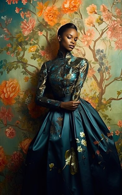 une femme en robe bleue se tient devant un papier peint floral