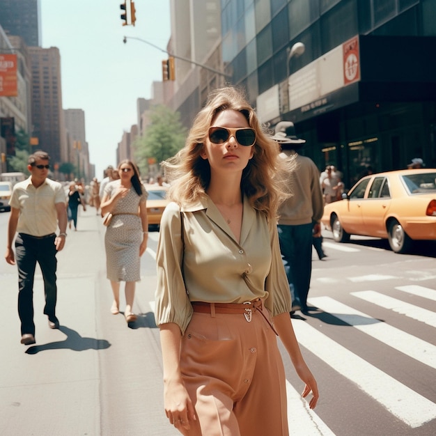 Une femme en robe bronzée marche dans la rue avec un taxi jaune derrière elle.