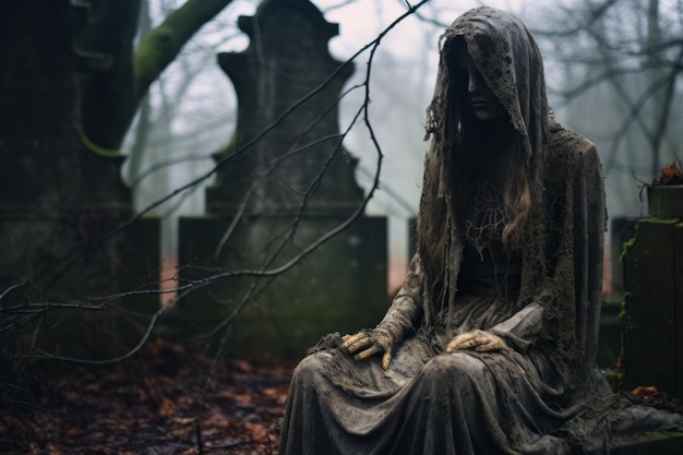 une femme en robe à capuchon est assise sur une pierre tombale dans les bois