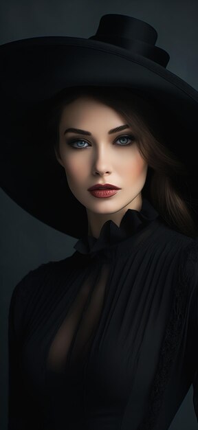 femme robe chapeau noir posant ville portrait femme occultiste yeux envoûtants regard baissé mince
