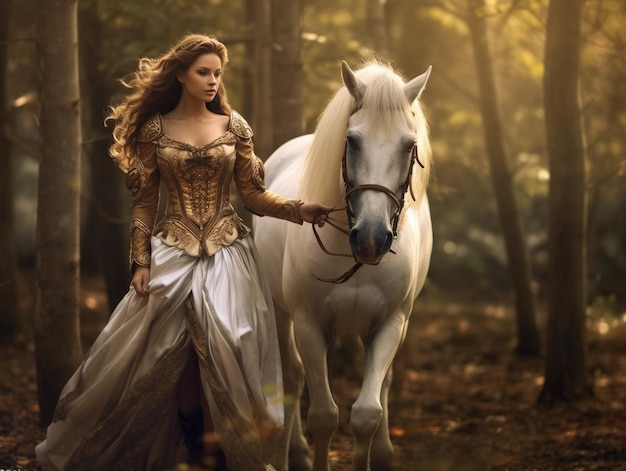 Une femme en robe avec un cheval