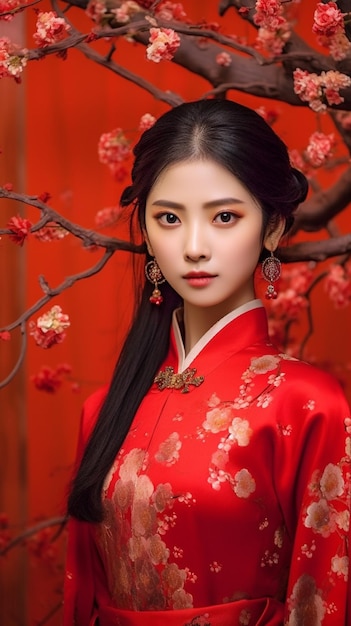 Une femme en robe chinoise rouge avec des fleurs rouges