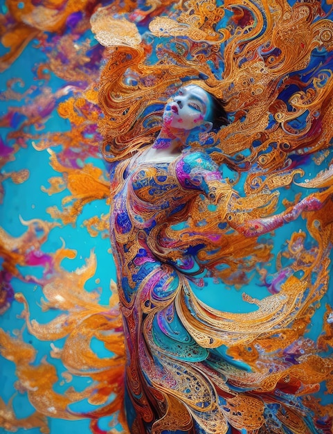 Une femme avec une robe colorée avec un motif de plumes sur son corps