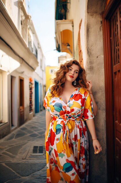 Une femme en robe colorée se tient dans une rue étroite.