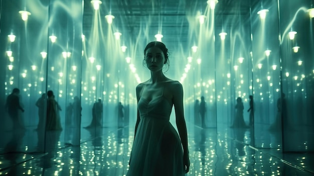Une femme en robe dans une pièce avec des lumières Generative AI Art