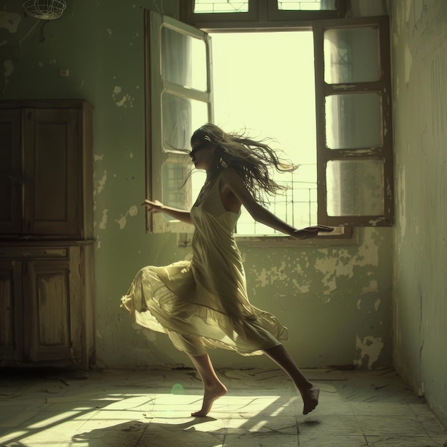 Photo une femme en robe danse dans un bâtiment abandonné.