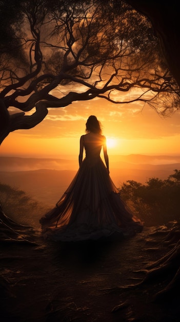 une femme en robe debout dans les bois au coucher du soleil